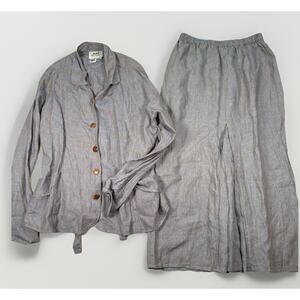 FLAX by Jeanne Engelhart 100% Linen Cardigan & Maxi Skirt Set Size Large Blue